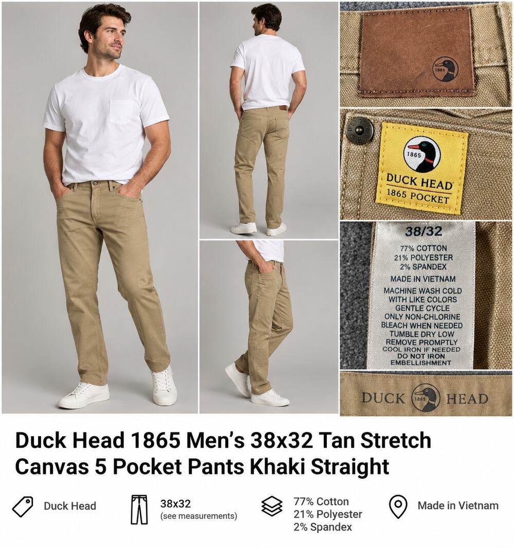 Duck Head 1865 Men's 38x32 Tan Stretch Canvas 5 Pocket Pants Khaki Straight